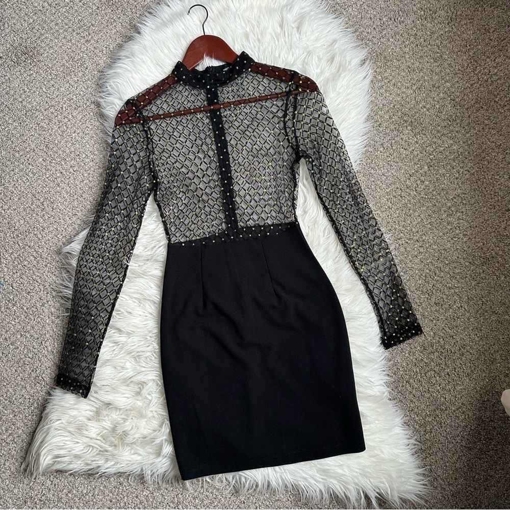 PrettyLittleThing Black Sheer Lace Yoke Long Sleeve Bodycon Dress Size 2